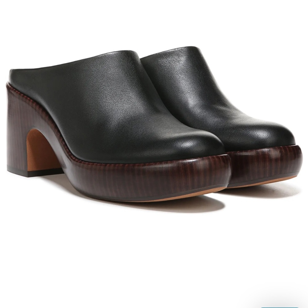 Vince Black Leather Platform Clogs with Dark Brown Wood-Look Heel